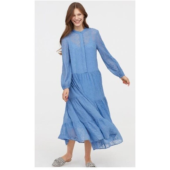 H&M Maxi Dress Blue Embroidered Tiered Cuff Sleeves Slip Lining Size 6 - Picture 1 of 8